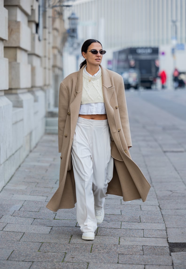 Oversized Beige Coat with White Knit and Trousers Oversized Beige Coat with White Knit and Trousers — Preppy Winter Outfits