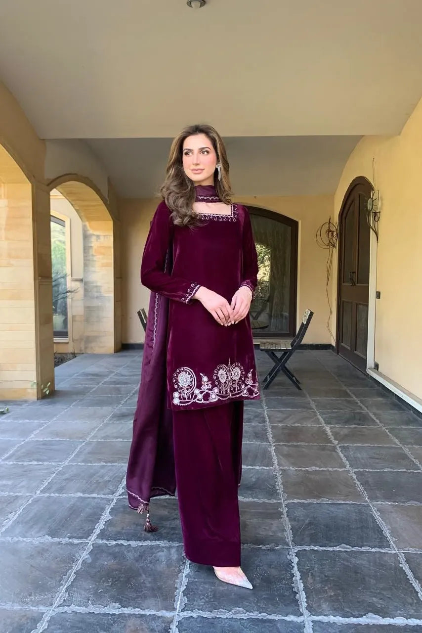 Deep Burgundy Velvet Tunic and Palazzo Pants Ensemble — Burgundy Outfits