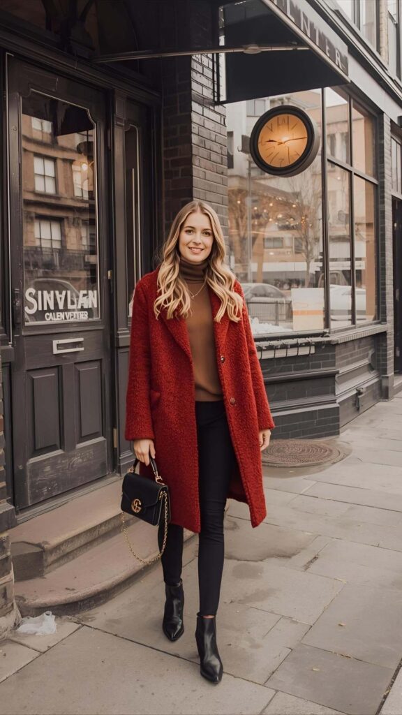 Vibrant Statement: Red Teddy Coat with Skinny Pants Vibrant Statement: Red Teddy Coat with Skinny Pants — Winter Dinner Outfits