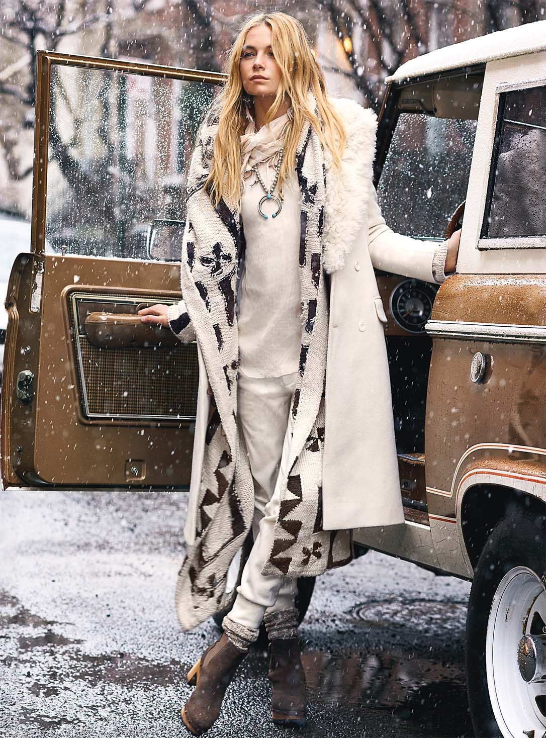 White Linen Base with Patterned Cardigan and Fur-Trimmed Coat — Boho Winter Outfits