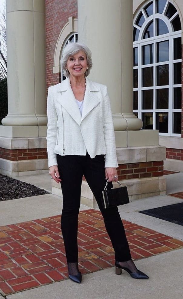 Textured White Moto Jacket for Smart Casual Polish — Winter Outfits for Women Over 60