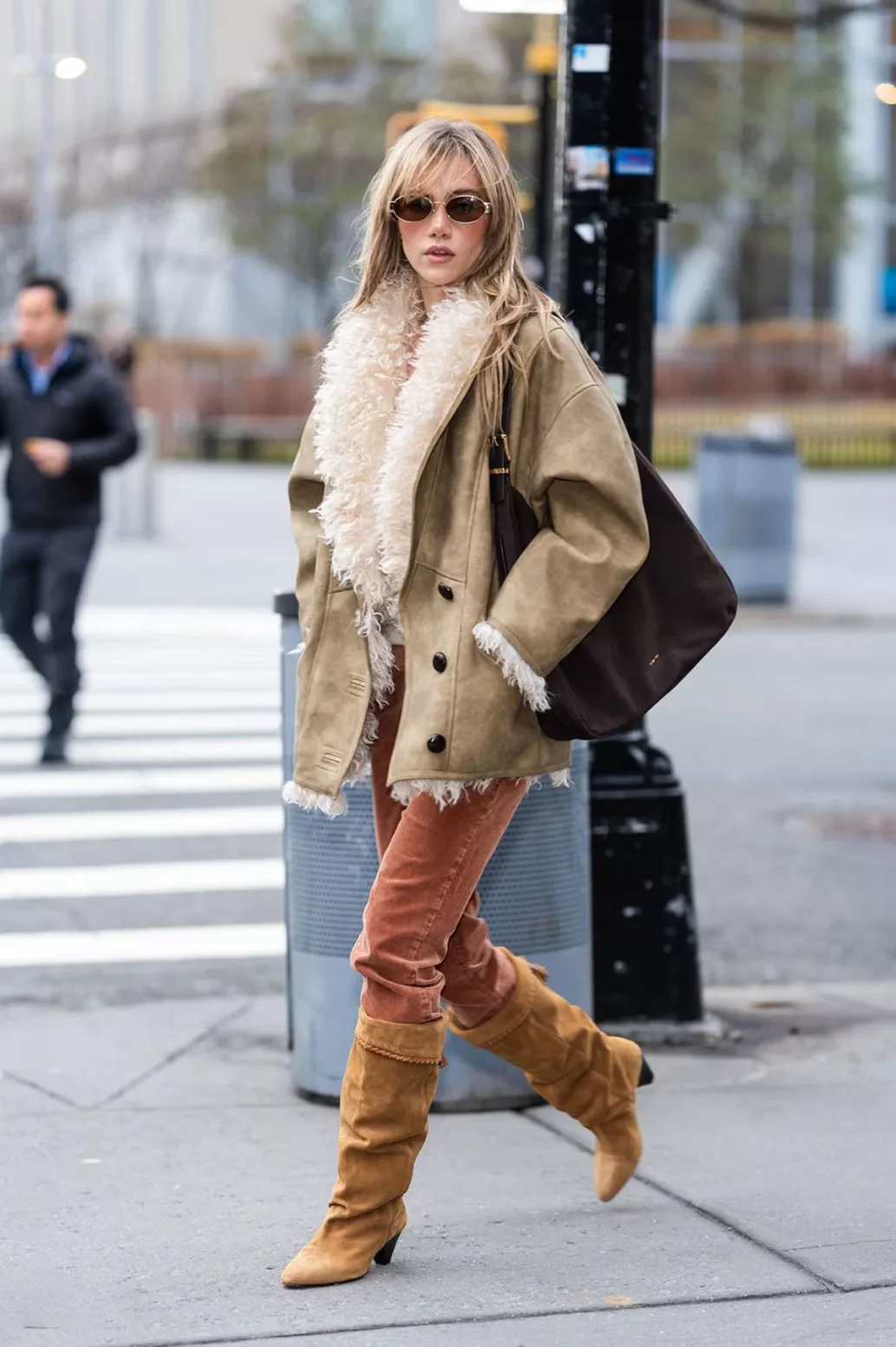 Tan Suede Slouchy Boots with Denim Mini and Oversized Jacket Tan Suede Slouchy Boots with Denim Mini and Oversized Jacket — Suede Boots Outfits