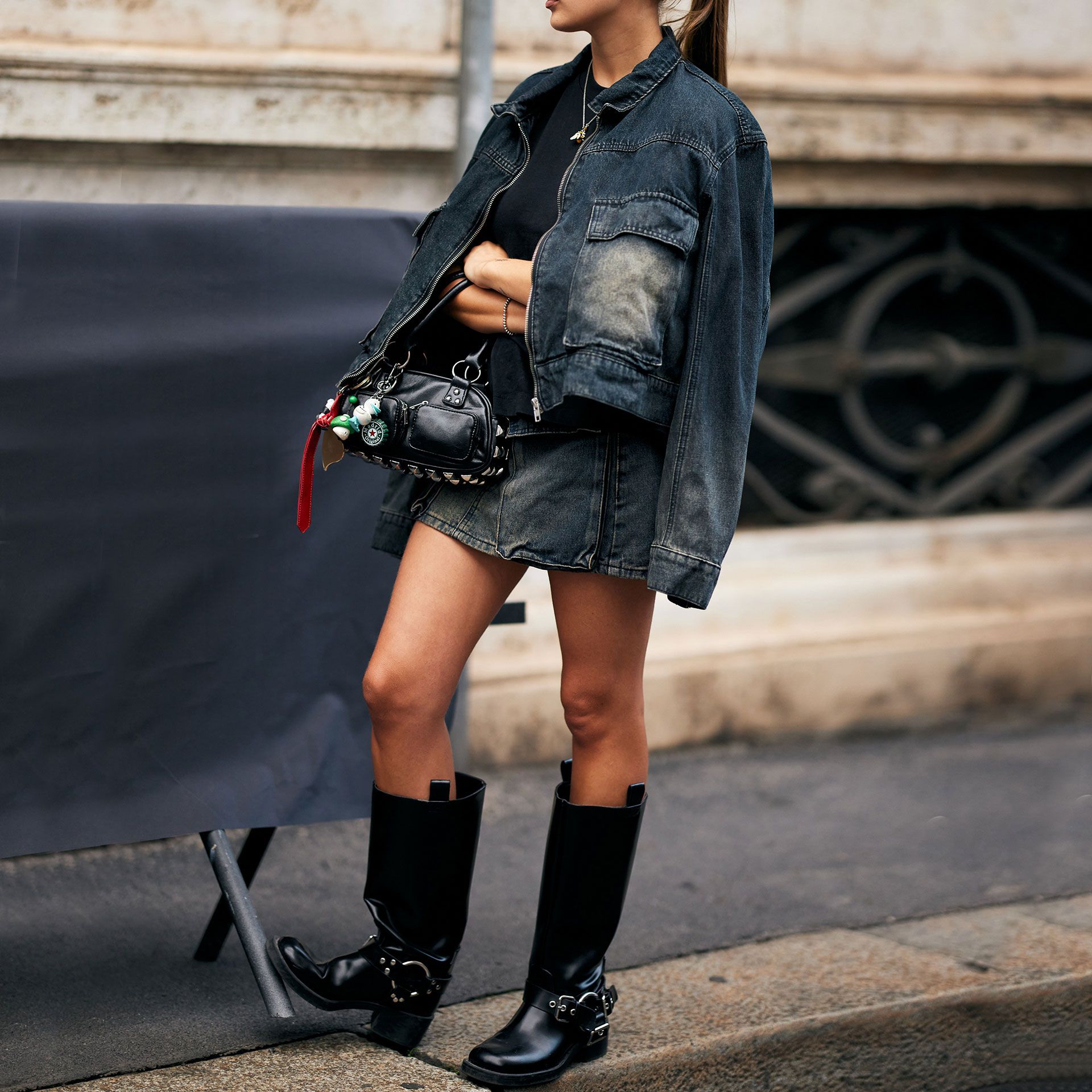 Denim Duo: Black Knee-High Boots with a Mini Skirt and Denim Jacket Denim Duo: Black Knee-High Boots with a Mini Skirt and Denim Jacket — Black Boots Outfits