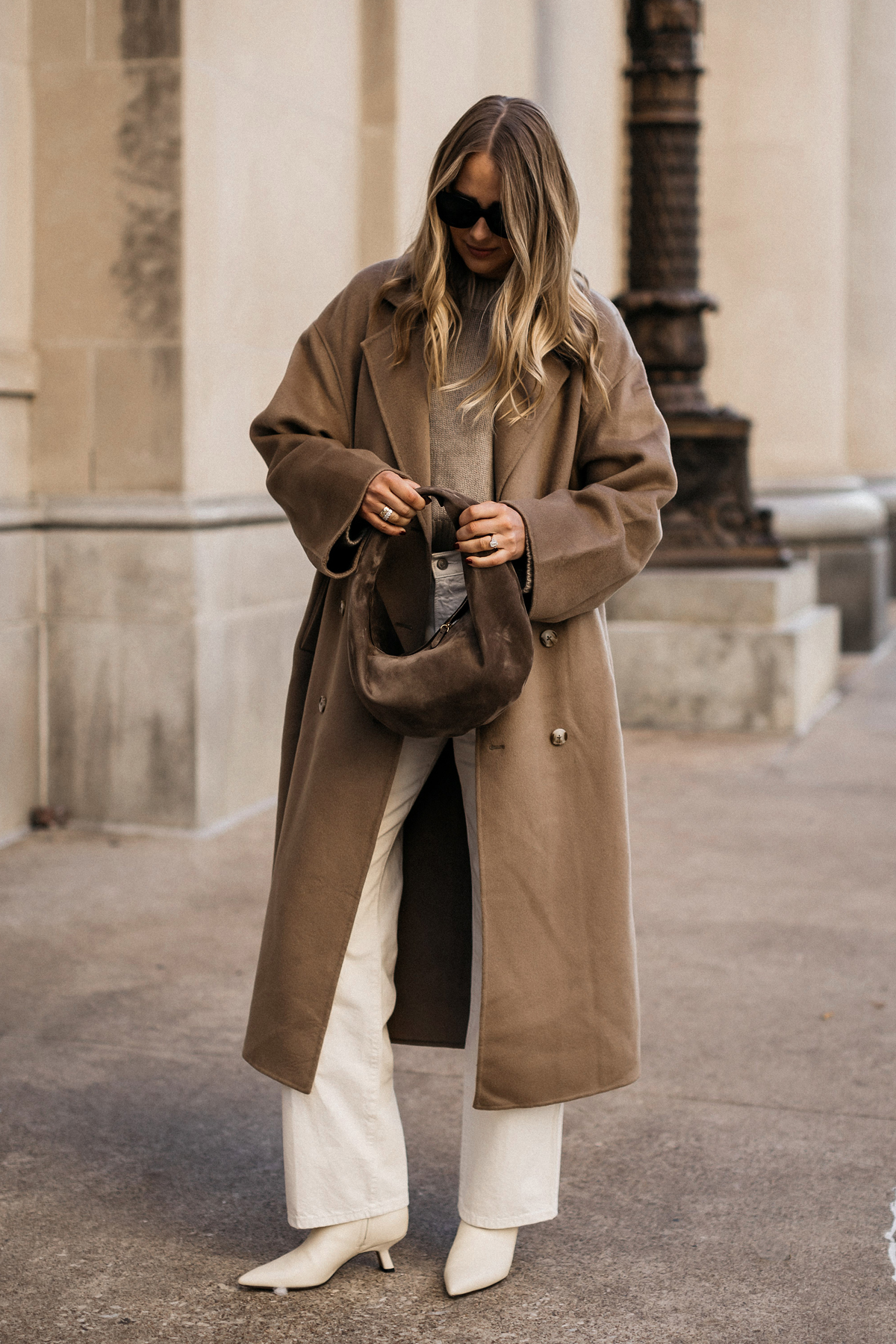 Longline Camel Overcoat with Wide-Leg Trousers — Nashville Winter Outfits