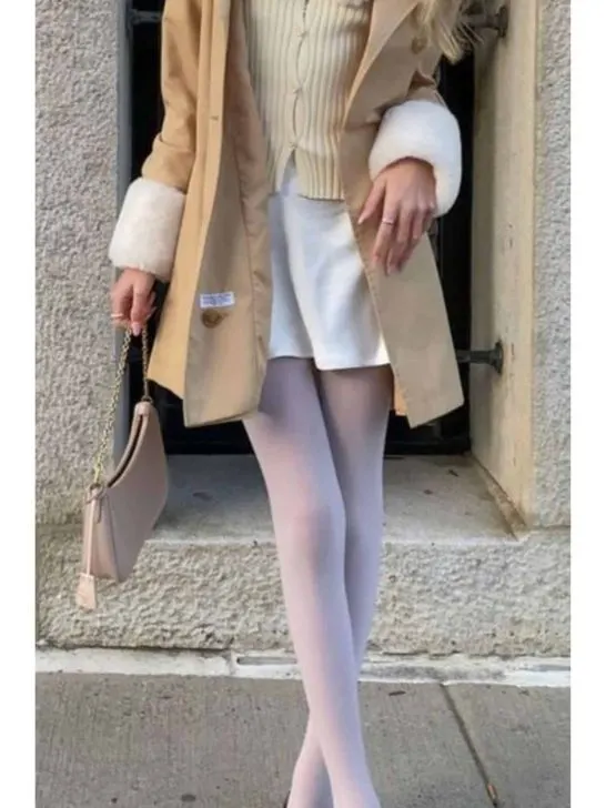 Opaque Light Purple Tights with a Mini Skirt and Cozy Coat Opaque Light Purple Tights with a Mini Skirt and Cozy Coat — Tights Outfits