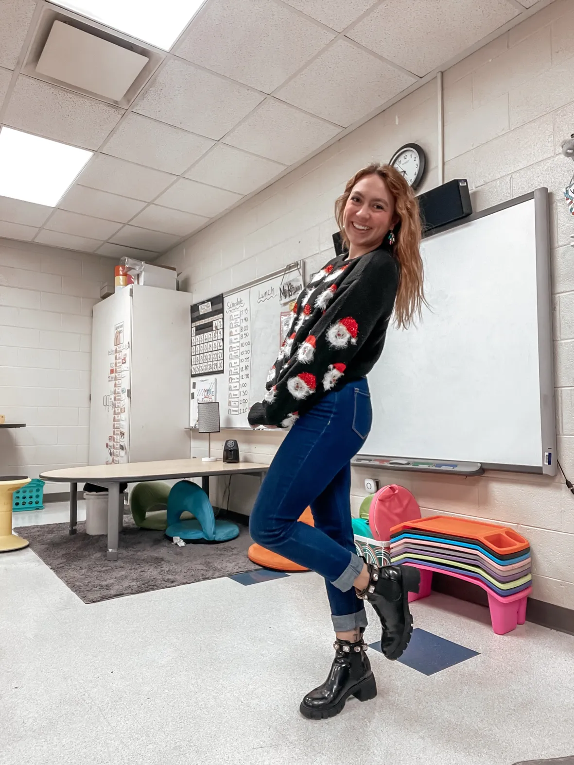 Festive Santa Print Sweater for Holiday Cheer — Winter Teacher Outfits