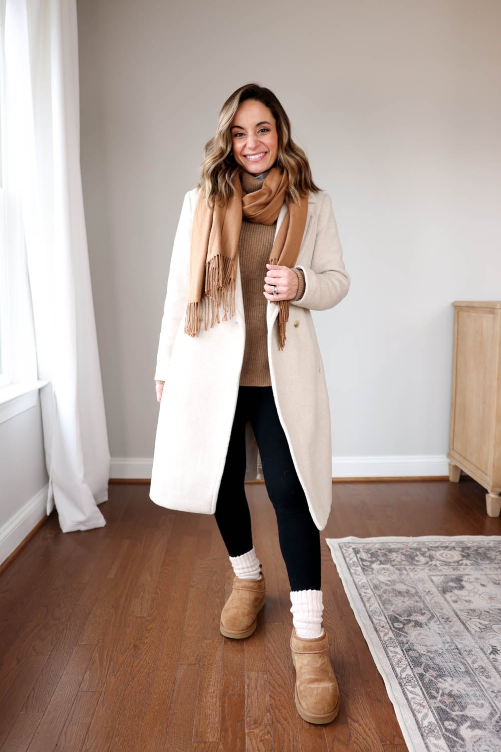 Cozy Cream Wool Coat with Brown Knit and Leggings — Warm Winter Outfits