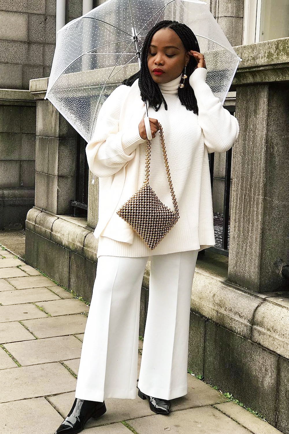 Monochromatic White Knit Set with Patent Boots — Cold Weather Outfits
