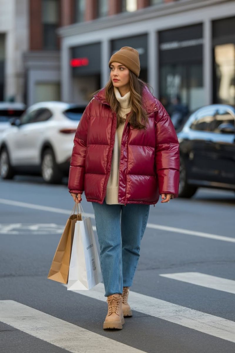 Shiny Puffer Appeal: Burgundy Jacket with Cream Knit and Tan Boots — Baddie Winter Outfits