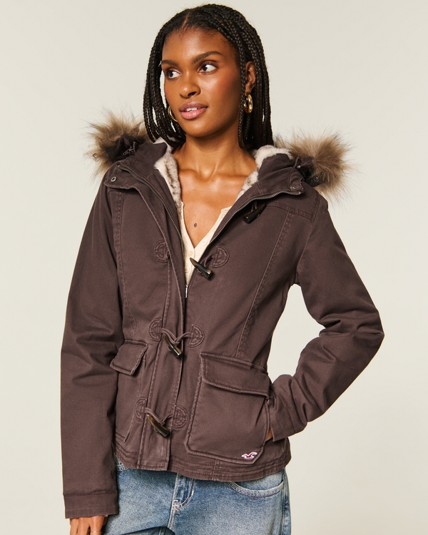 Brown Canvas Jacket with Fur-Lined Hood and Toggles — Winter Jackets for Women