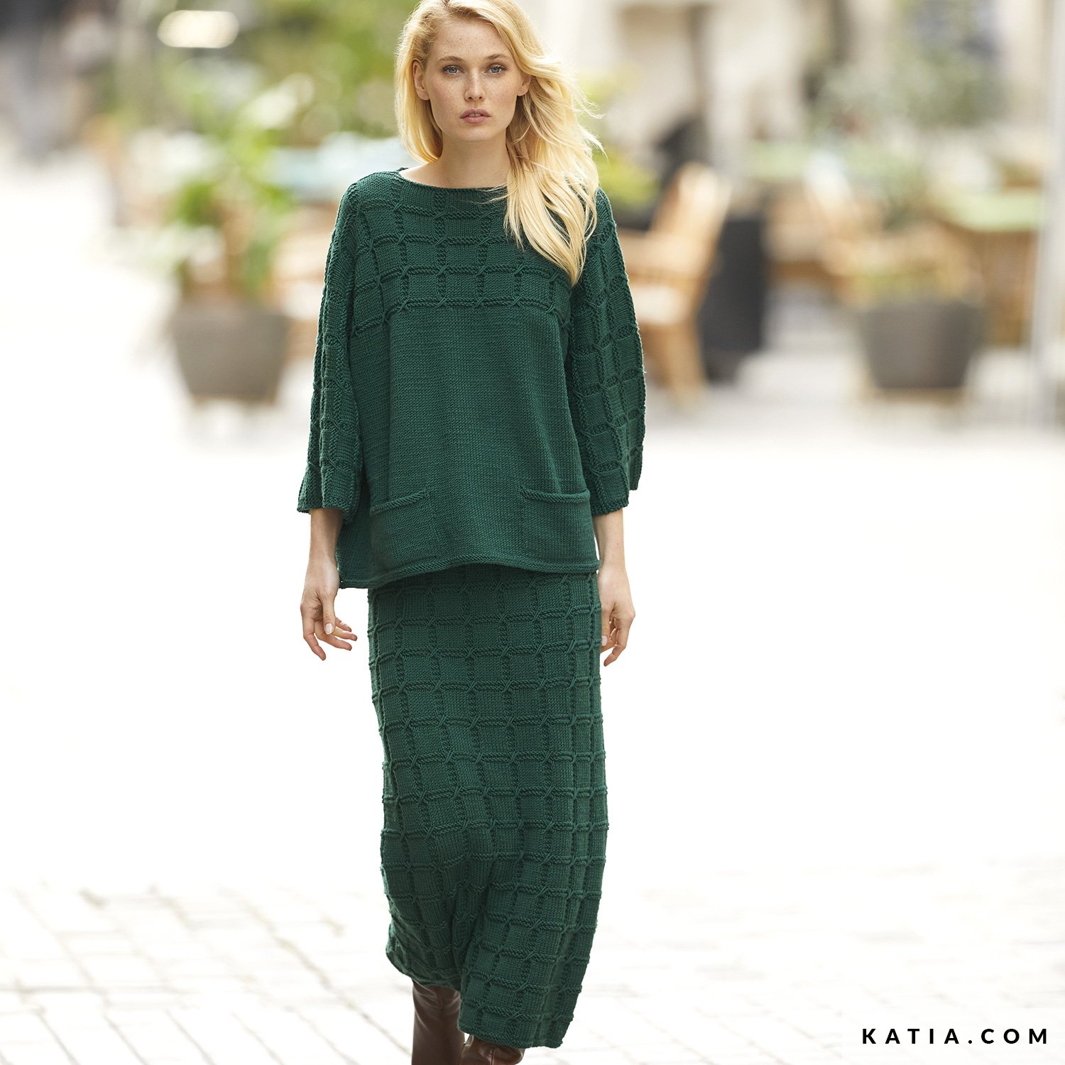 Deep Green Textured Knit Sweater and Maxi Skirt — Knit Set Outfits