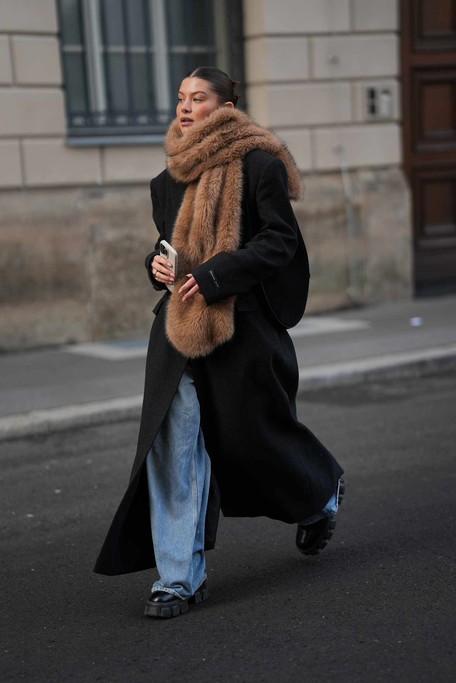 Casual Comfort: Long Coat with Faux Fur Scarf and Lug Soles — Chicago Winter Outfits