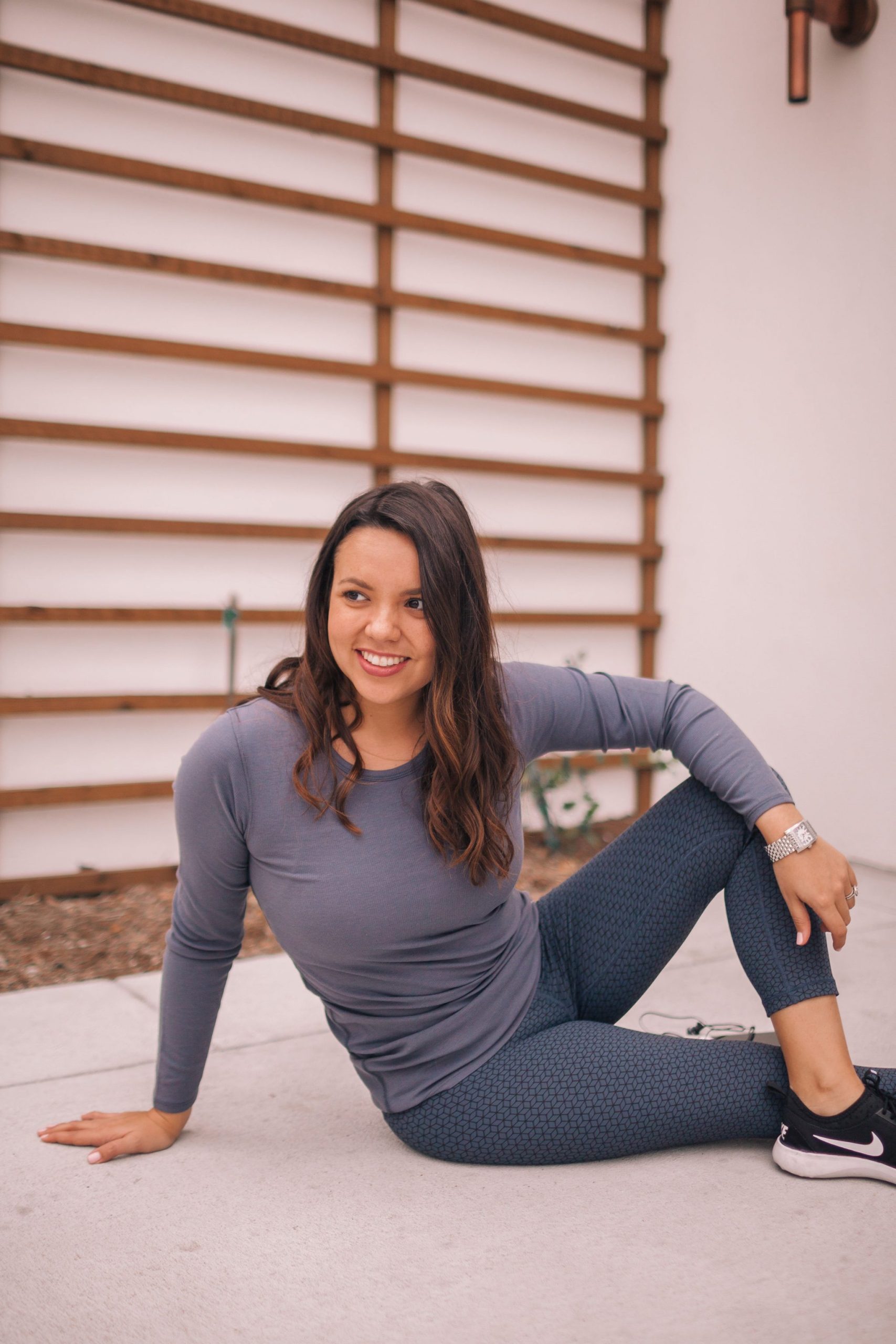 Grey Top with Patterned Leggings for a Workout — Winter Workout Outfits