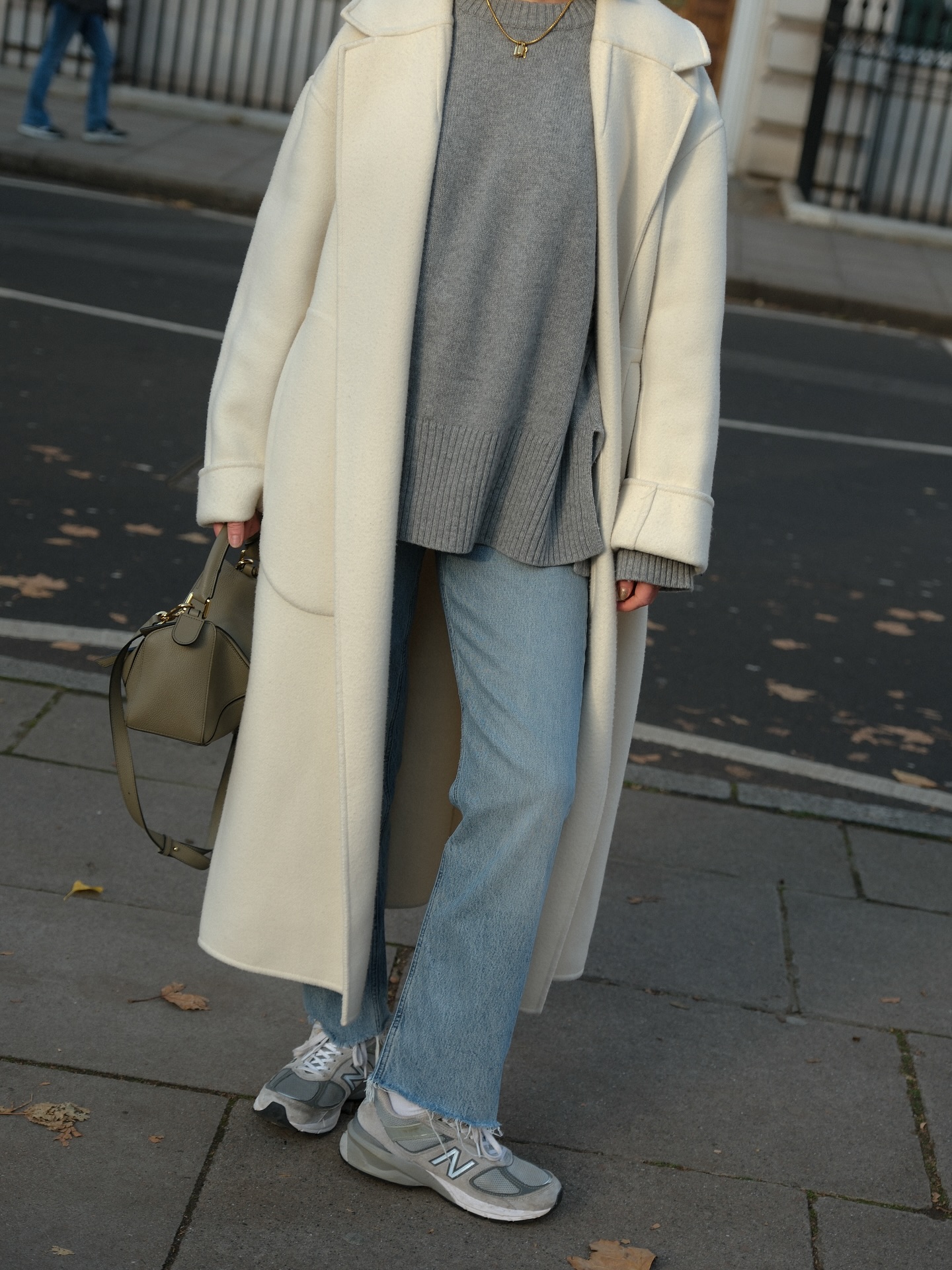 Layered Off-White Wool Coat with Denim and Sneakers Layered Off-White Wool Coat with Denim and Sneakers — Wool Coat Outfits