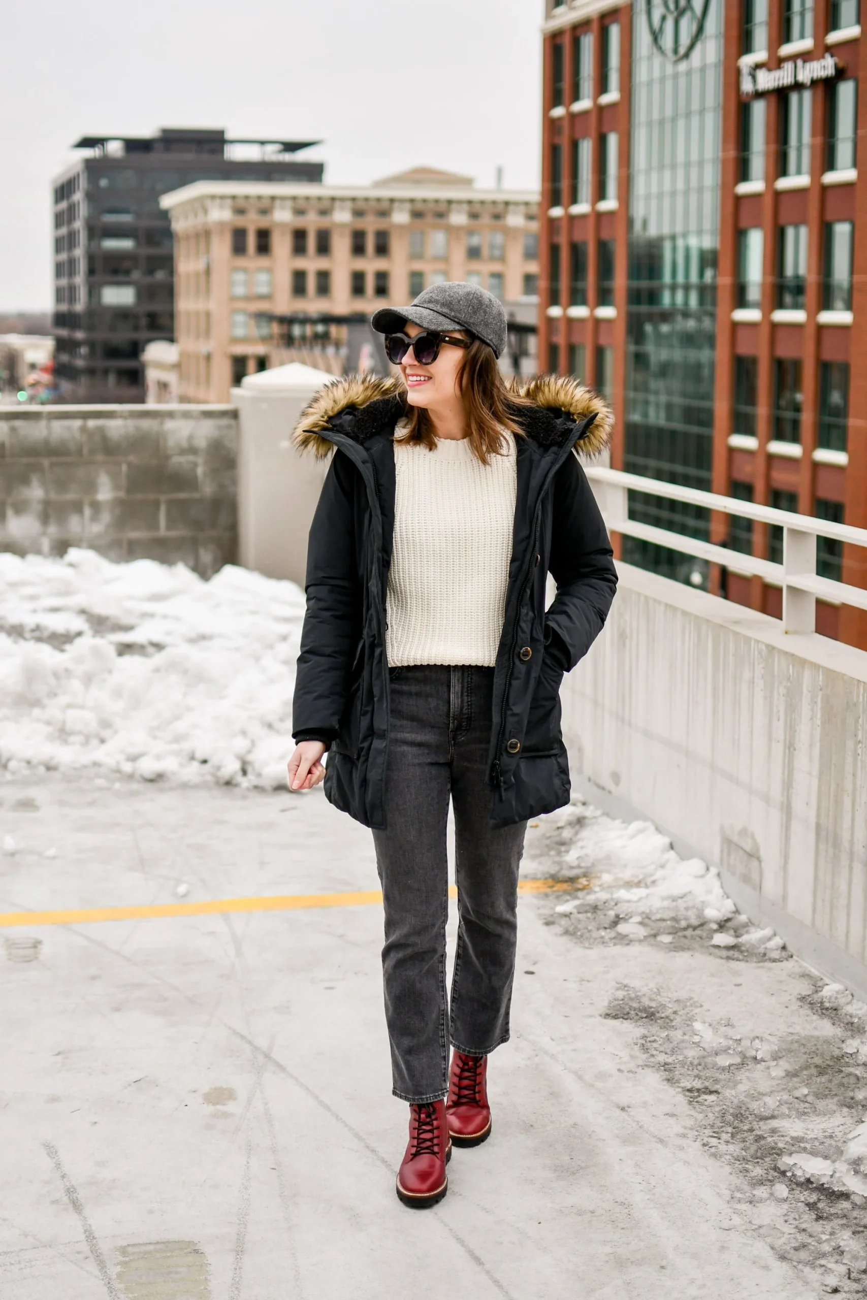 Red Lace-Up Boots with Parka — Winter Boots Outfits