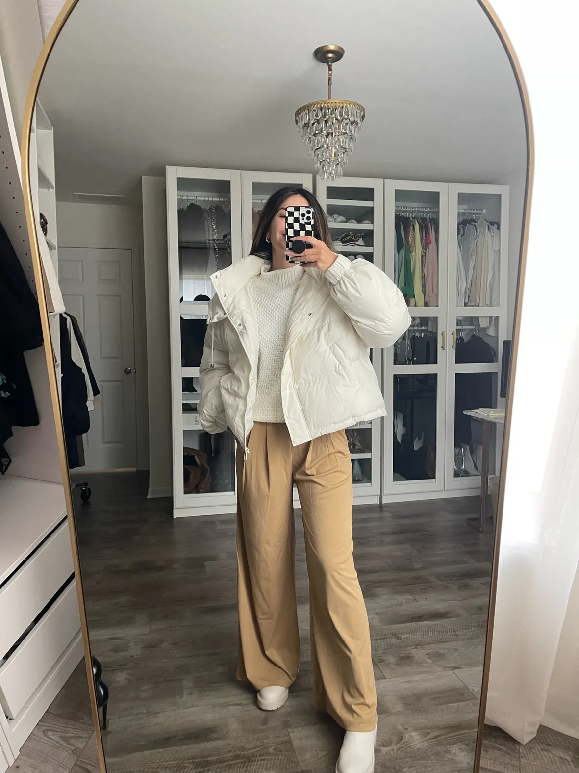 Chic Puffer Jacket Over Knit Sweater with Wide-Leg Trousers — Winter Streetwear Outfits