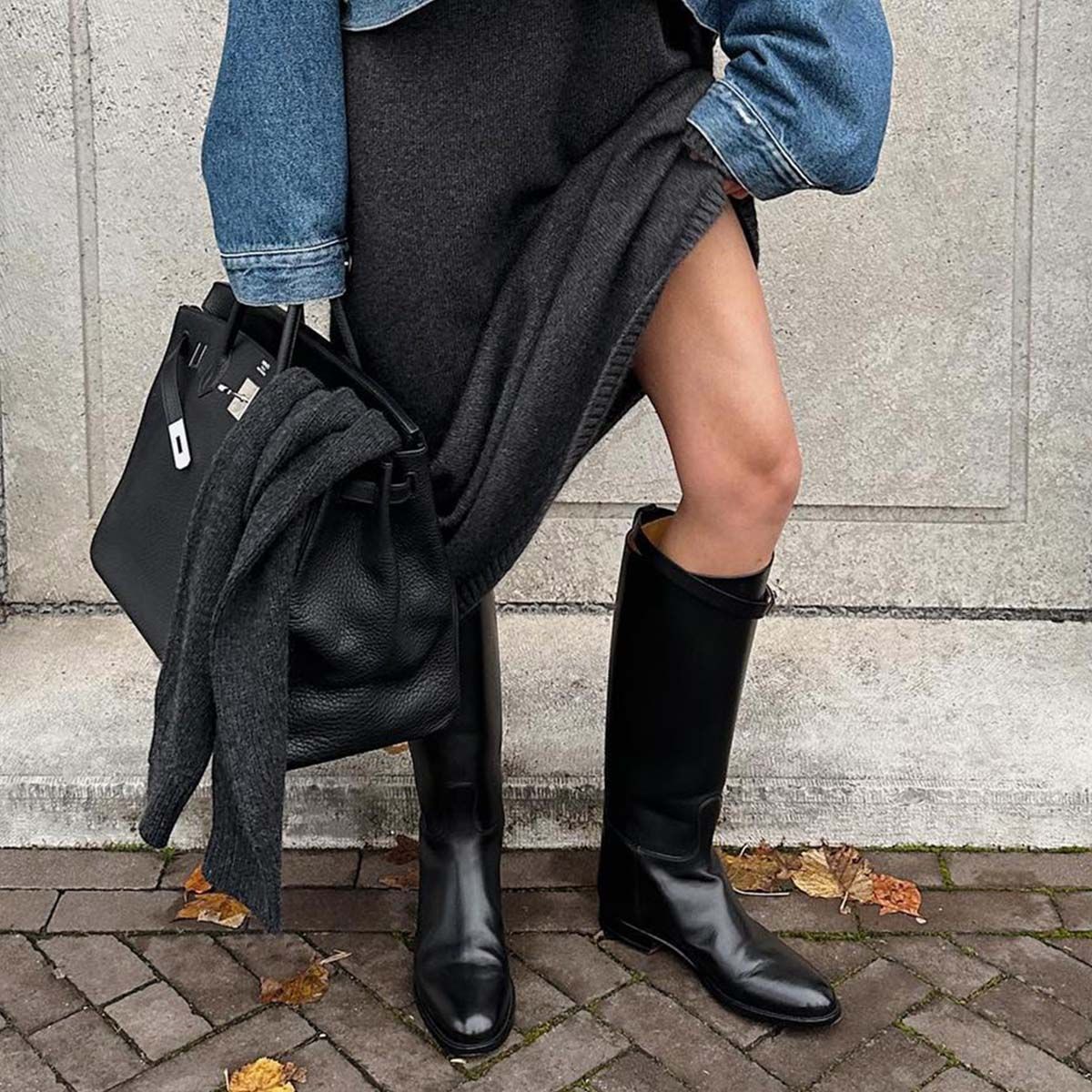 Denim Jacket and Knit Dress with Black Knee-High Boots — Knee High Boots Outfits