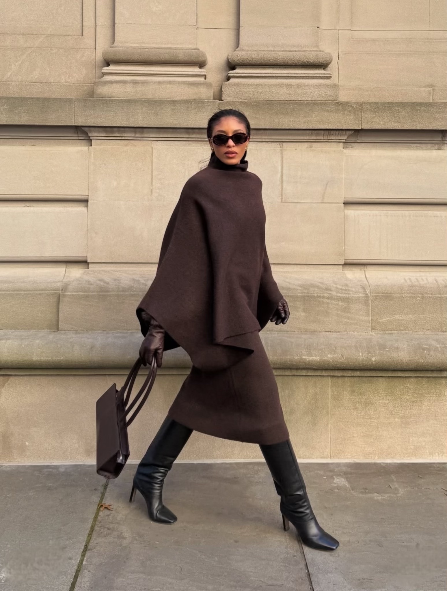 Monochromatic Brown Poncho and Dress Set — Winter Capsule Wardrobe