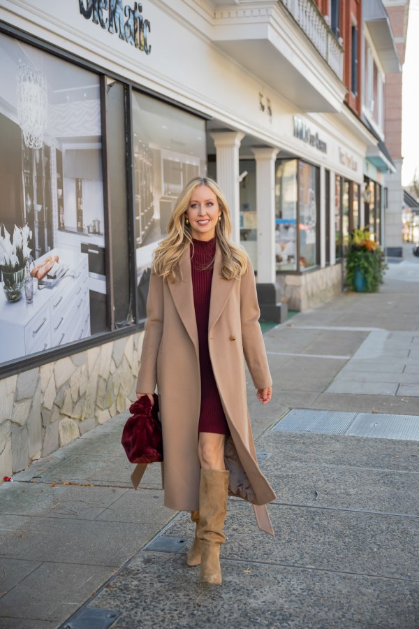 Sophisticated Burgundy Dress with Tan Suede Knee-High Boots Sophisticated Burgundy Dress with Tan Suede Knee-High Boots — Suede Boots Outfits