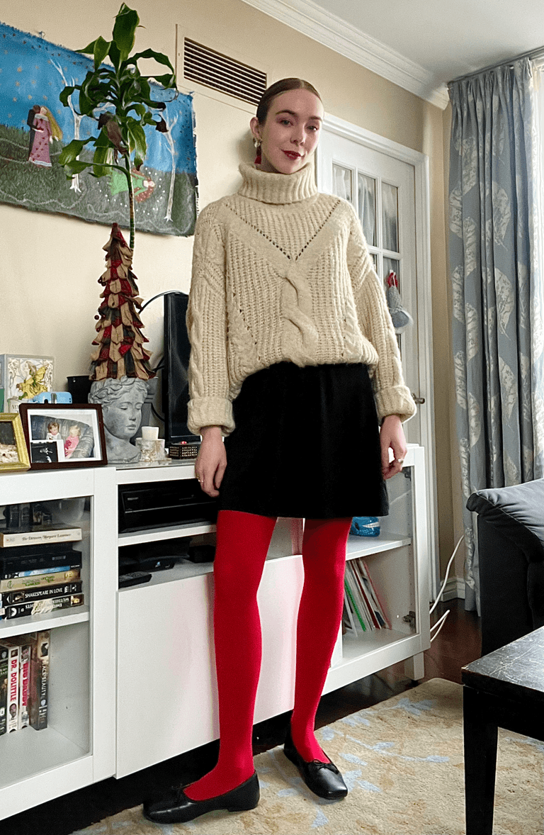 Vibrant Red Tights with a Knit Sweater and Mini Skirt Vibrant Red Tights with a Knit Sweater and Mini Skirt — Tights Outfits
