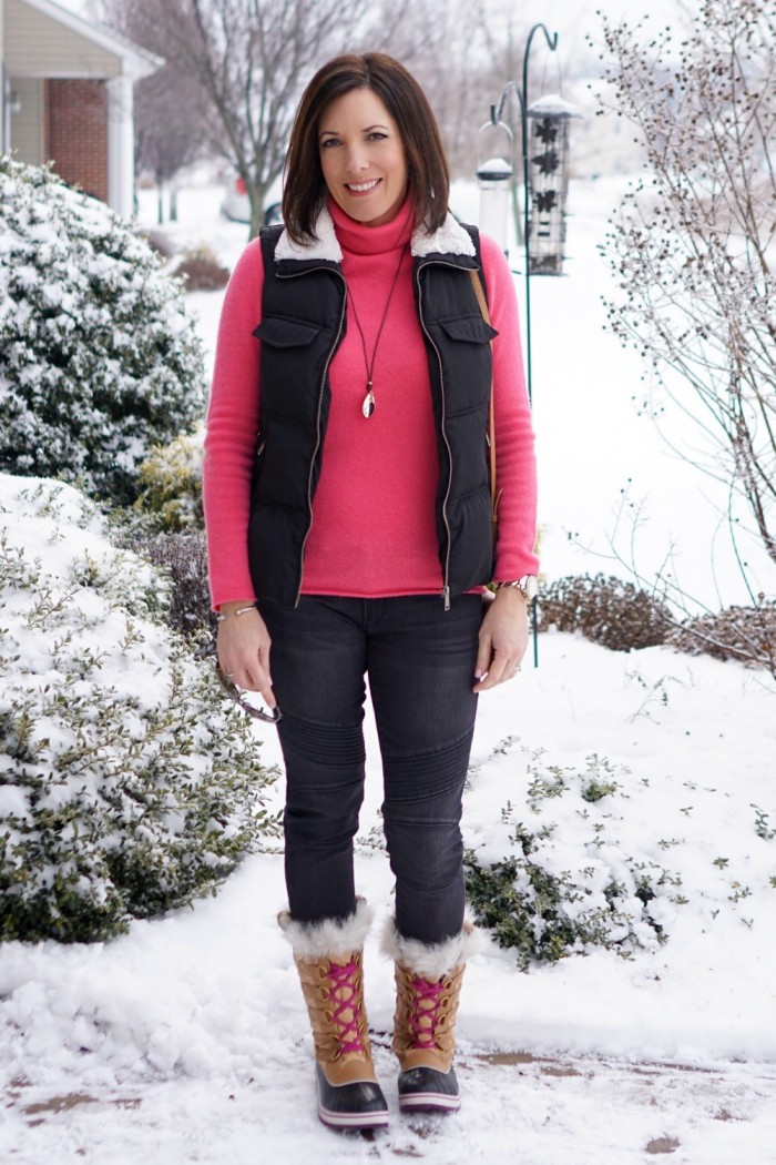 Vibrant Winter Fun: Pink Sweater and Puffer Vest — Winter Outfits for Women Over 40