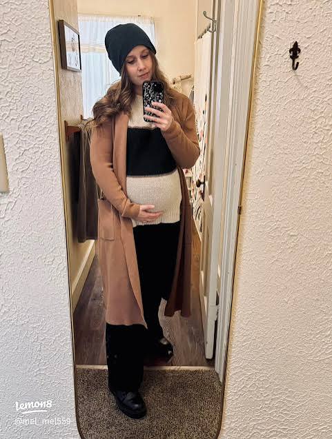 Cozy Brown Cardigan Over Striped Maternity Sweater — Winter Maternity Outfits