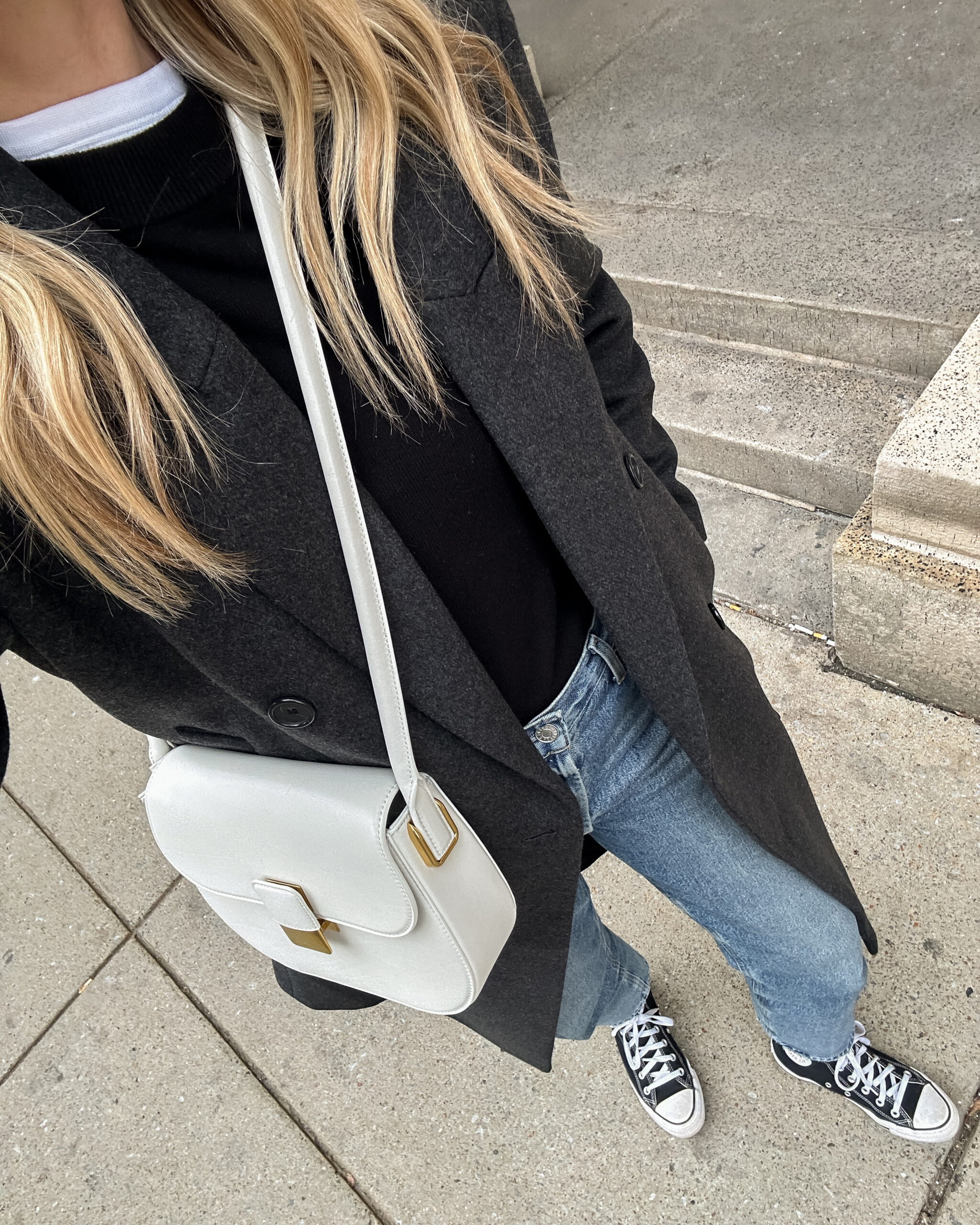 Chic Layers: Wool Coat and Jeans with Low-Top Sneakers Chic Layers: Wool Coat and Jeans with Low-Top Sneakers — Winter Outfits with Sneakers