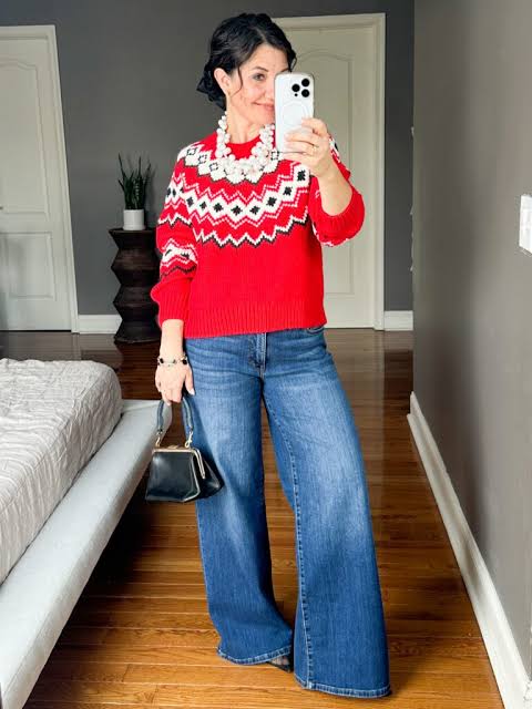 Casual Red Fair Isle Sweater with Wide-Leg Jeans Casual Red Fair Isle Sweater with Wide-Leg Jeans — Fair Isle Sweater Outfits