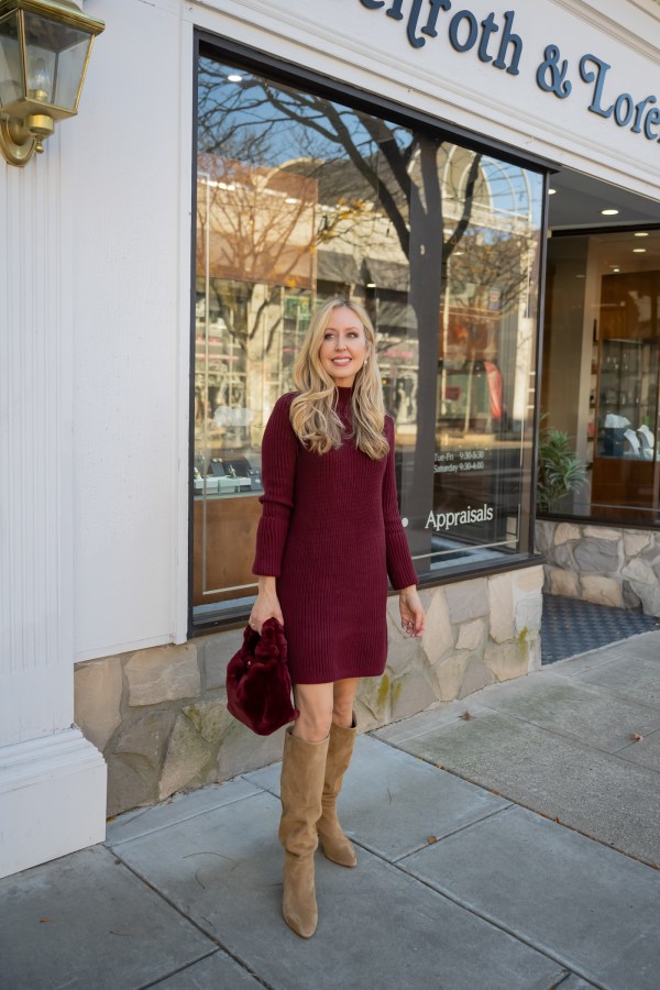 Burgundy Sweater Dress with Suede Boots and Faux Fur Bag — Casual Winter Outfits