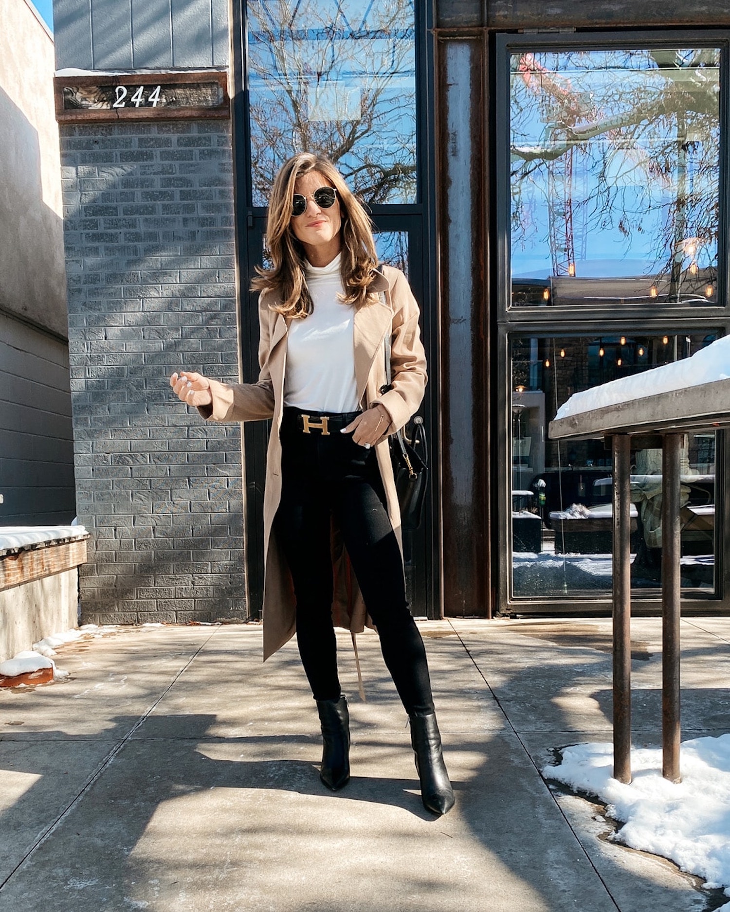Chic Beige Trench Coat with Gold Belt Detail — Warm Winter Outfits