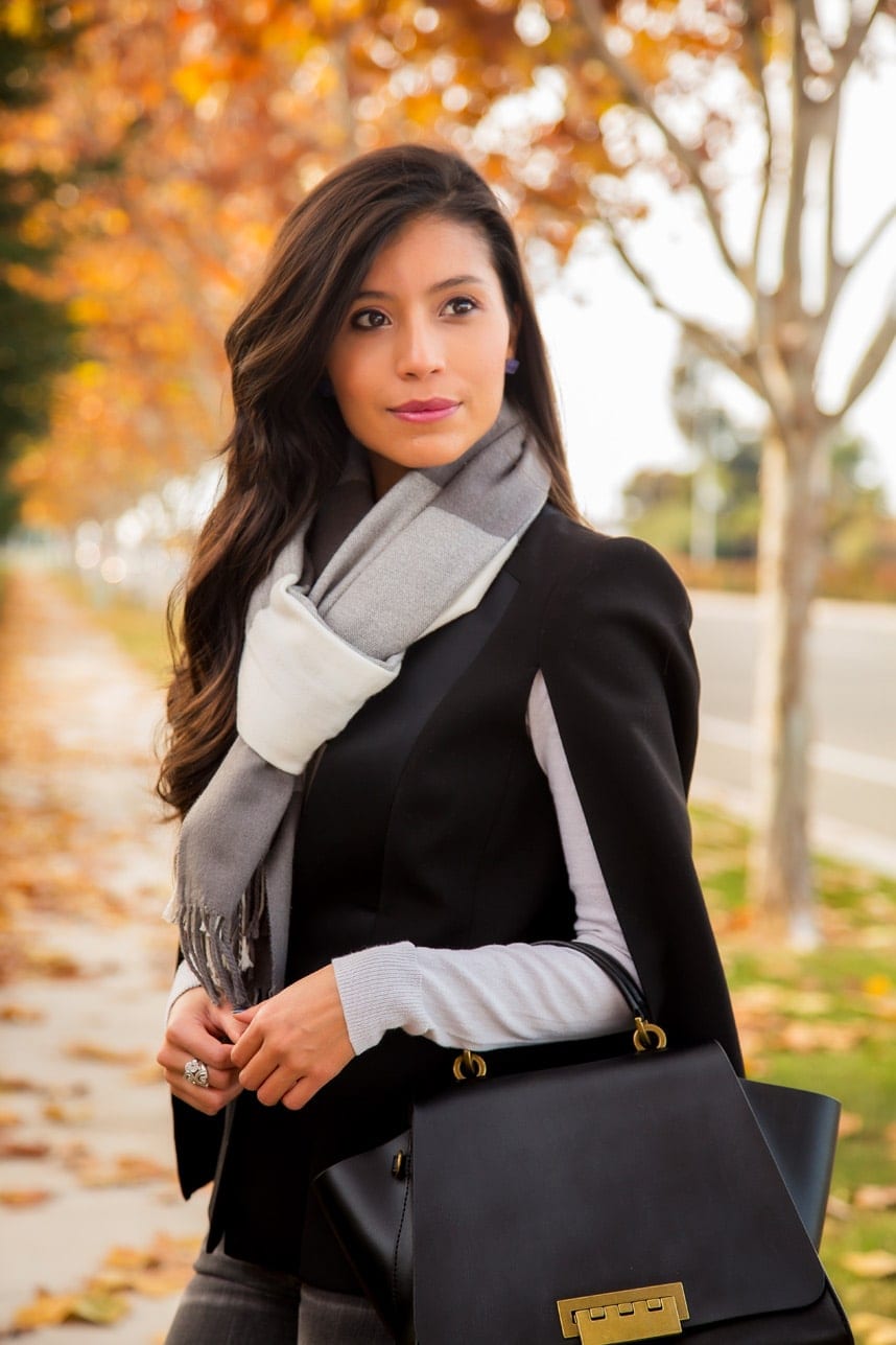 Plaid Scarf Elevates a Black Cape Jacket Ensemble — Scarf Outfits