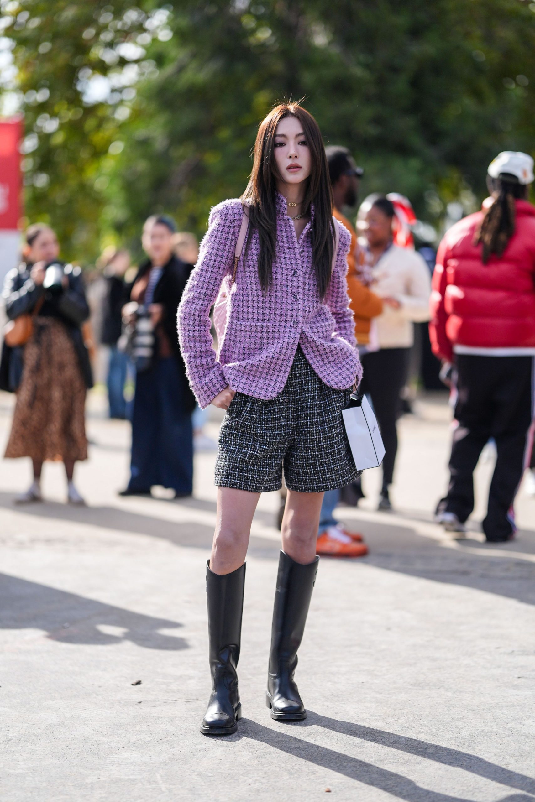 Casual Chic: Black Boots with Tweed Shorts and Blazer — Riding Boots Outfits