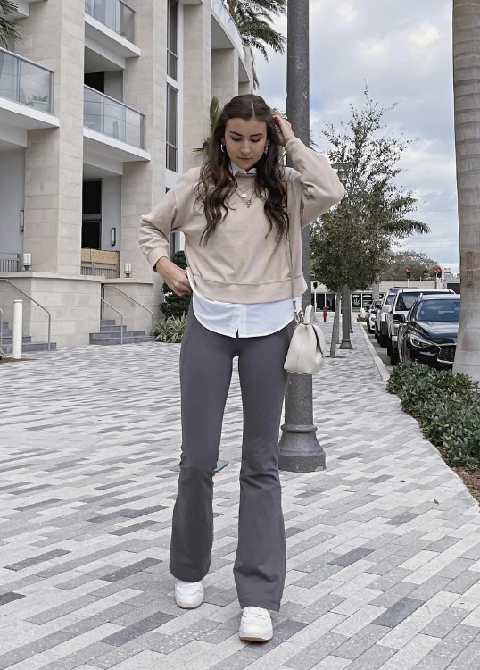 Layered Comfort: Grey Flare Leggings with Button-Down and Sweatshirt Layered Comfort: Grey Flare Leggings with Button-Down and Sweatshirt — Flare Leggings Outfits
