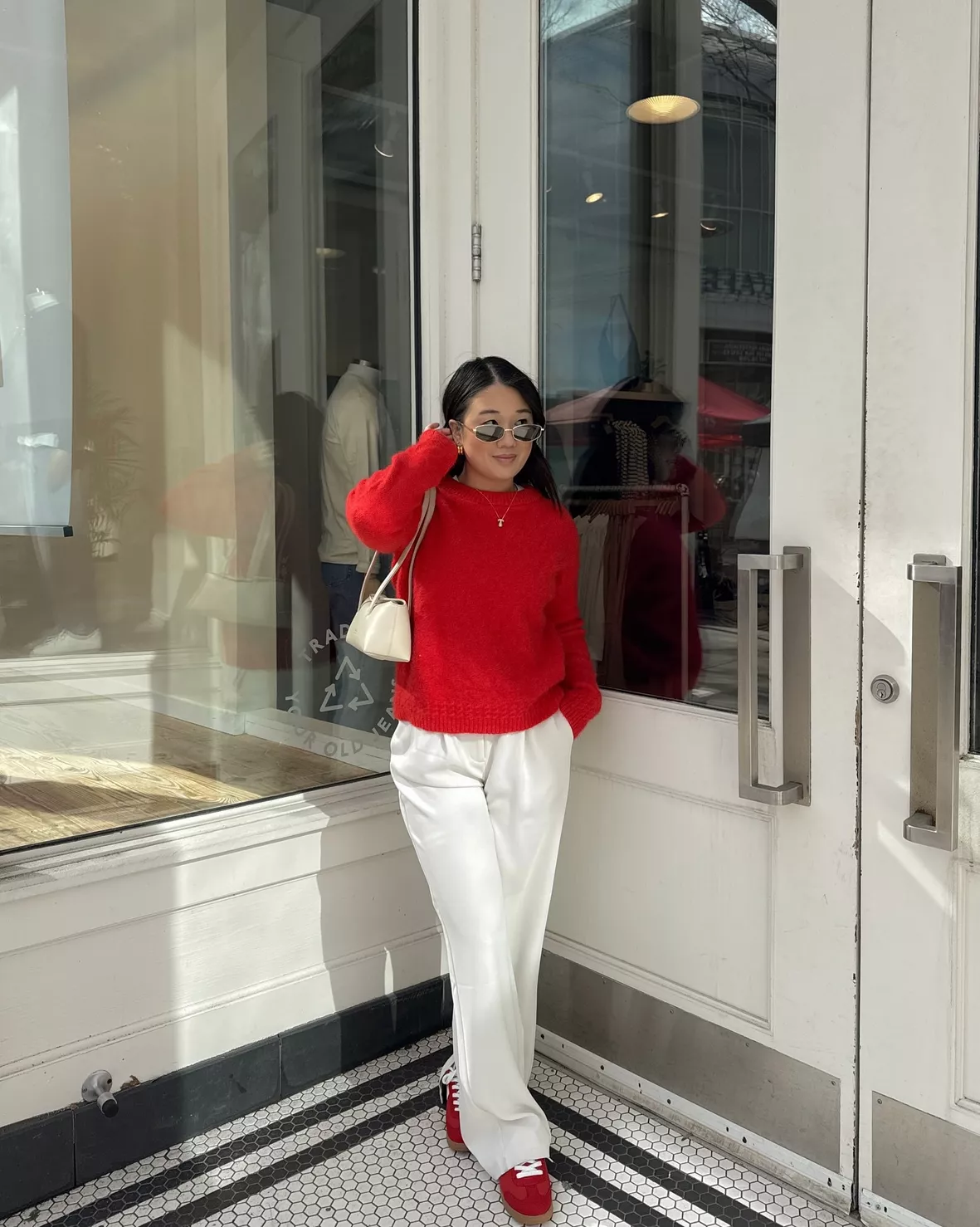 Vibrant Contrast: Fuzzy Sweater and Wide-Leg Trousers with Red Sneakers Vibrant Contrast: Fuzzy Sweater and Wide-Leg Trousers with Red Sneakers — Winter Outfits with Sneakers