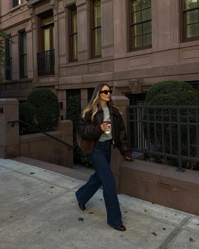 Casual Brown Bomber Jacket and Wide-Leg Jeans — Nashville Winter Outfits