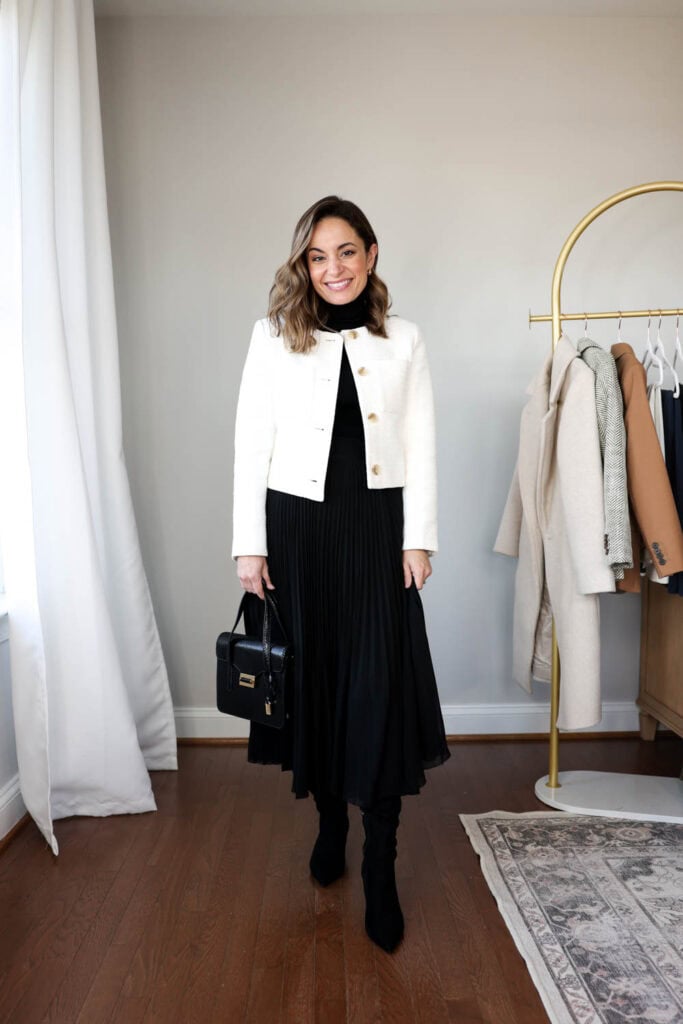 Textured Cropped Jacket with Pleated Midi Skirt — Winter Capsule Wardrobe