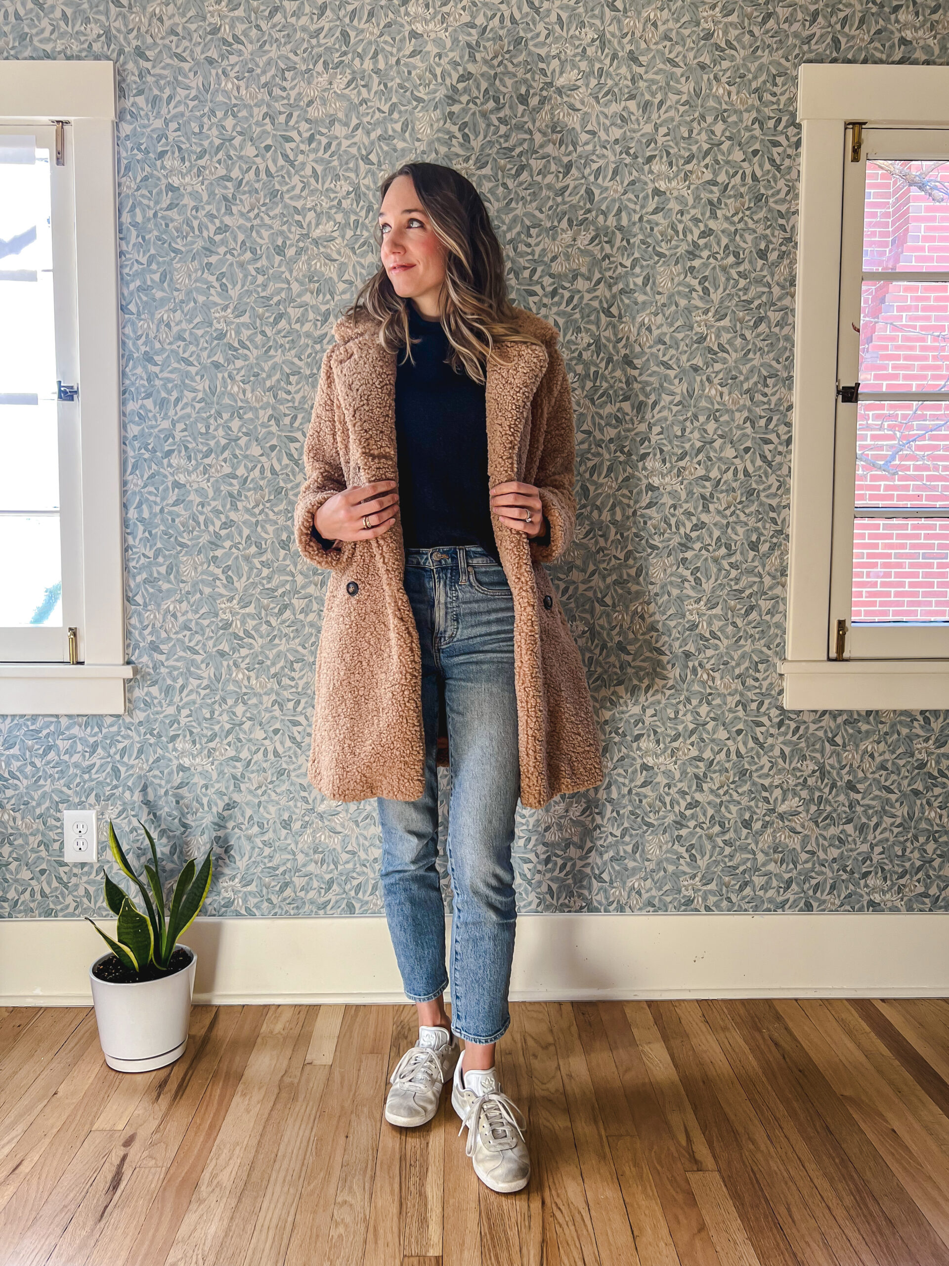 Casual Camel Teddy Coat Over Black Turtleneck and Jeans — Casual Winter Outfits
