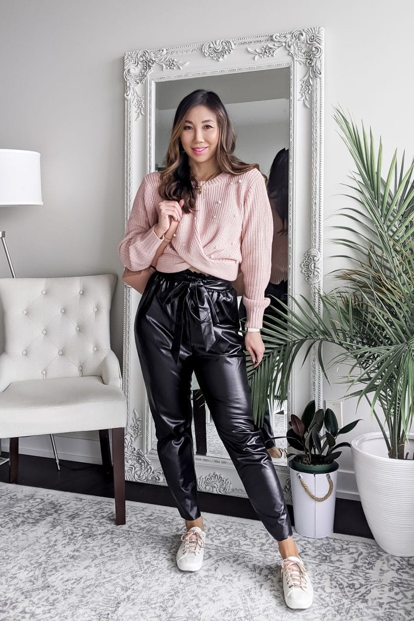 Cozy Daytime: Tapered Leather Pants with Pink Knit Sweater and Sneakers Cozy Daytime: Tapered Leather Pants with Pink Knit Sweater and Sneakers — Leather Pants Outfits