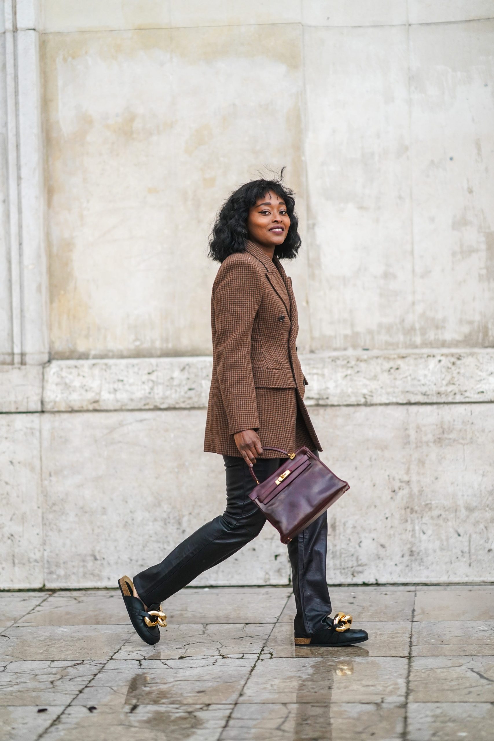 Plaid Blazer with Faux Leather Trousers for a Polished Brunch — Winter Brunch Outfits