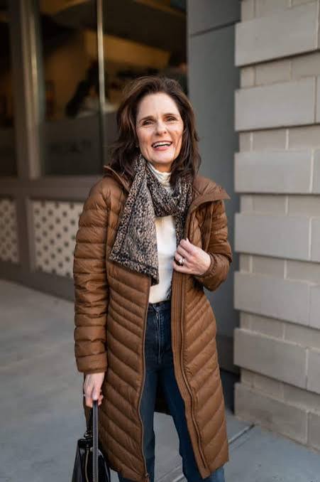 Longline Chevron Puffer Jacket with Patterned Scarf and Jeans Longline Chevron Puffer Jacket with Patterned Scarf and Jeans — Winter Puffer Jacket Outfits