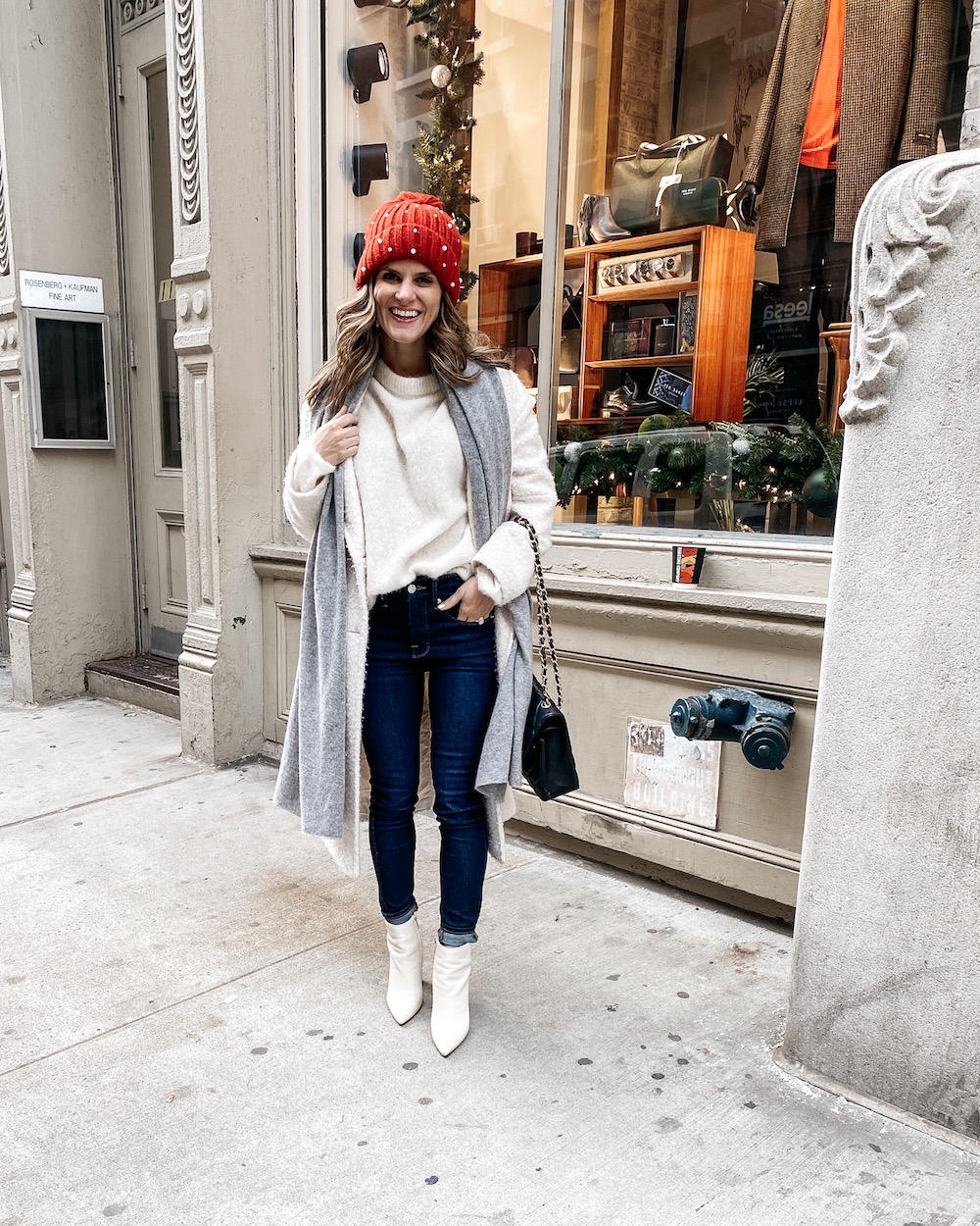 White Ankle Boots with Knit Sweater — Winter Boots Outfits