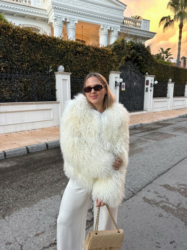Shaggy Faux Fur Coat Over White Basics — Cold Weather Outfits