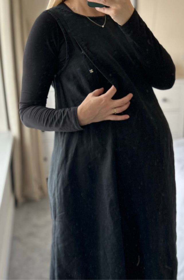 Effortless Black Pinafore Maternity Layering — Winter Maternity Outfits