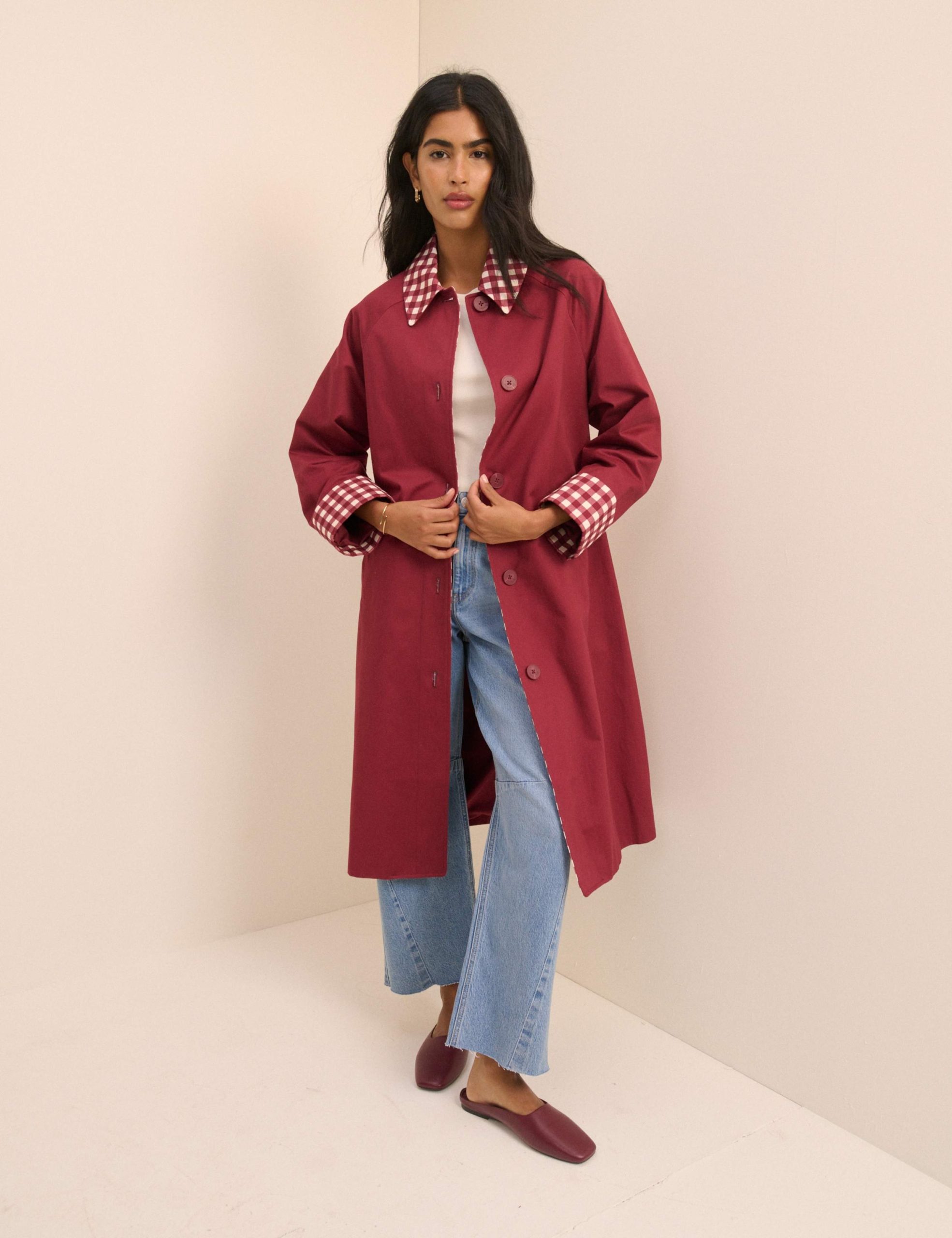 Classic Comfort: Burgundy Car Coat with Denim — Car Coat Outfits