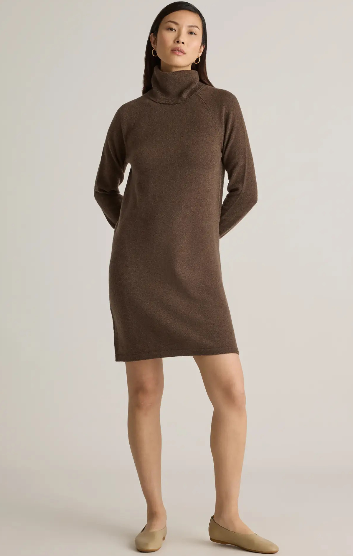 Brown Knit Turtleneck Dress with Pointed-Toe Flats — Winter Dress Outfits