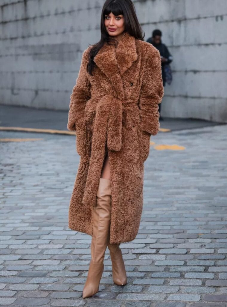 Teddy Coat Elegance: Belted Brown Coat with Knee-High Boots — Chicago Winter Outfits