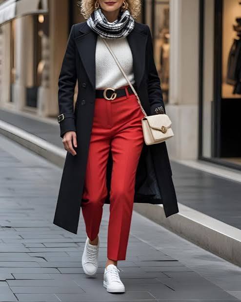 Black Coat with Red Trousers for a Bold Casual Statement Black Coat with Red Trousers for a Bold Casual Statement — Black Coat Outfits