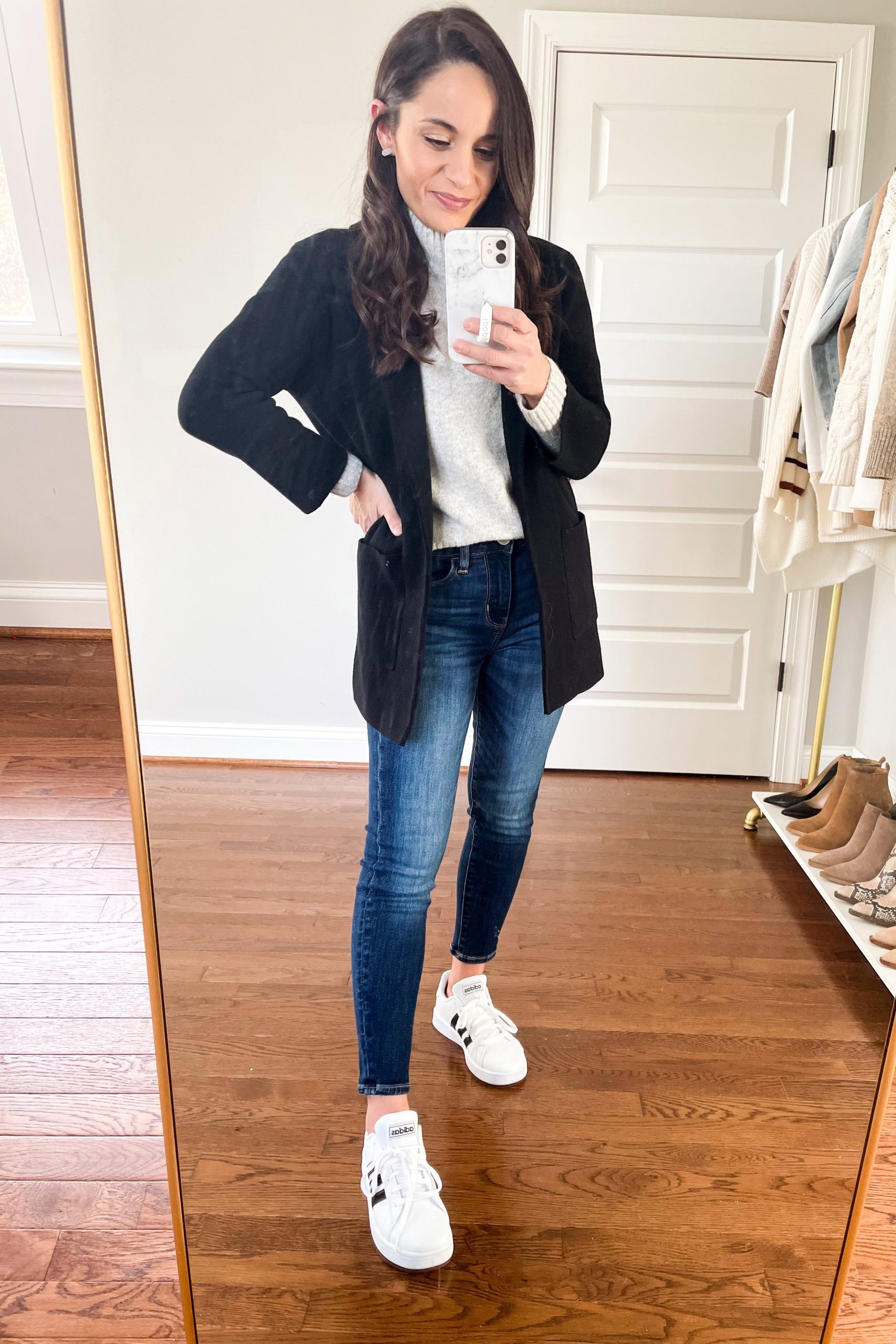 Polished Ensemble: Suede Blazer and Turtleneck with Jeans and Sneakers Polished Ensemble: Suede Blazer and Turtleneck with Jeans and Sneakers — Winter Outfits with Sneakers