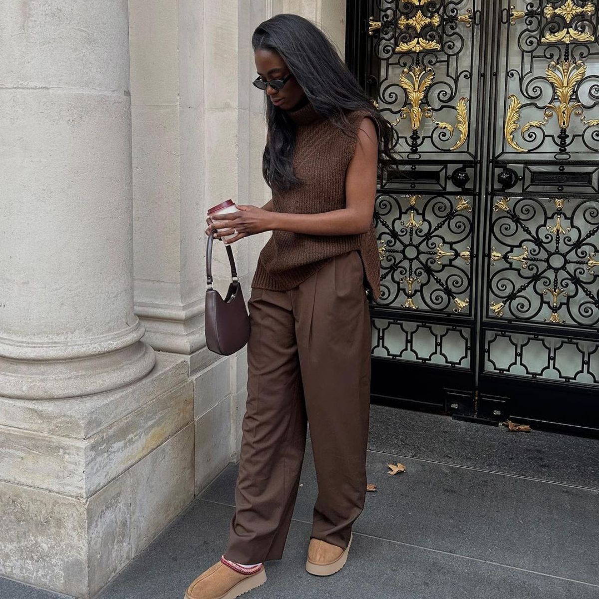 Chic Monochrome Brown Outfit with Ugg Platform Slippers — Ugg Slippers Outfits