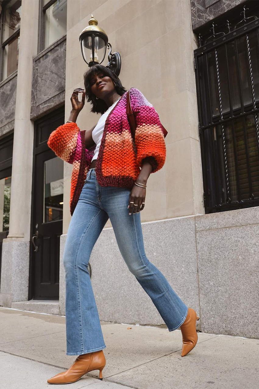 Chunky Knit Cardigan with Bright Stripes and Flare Jeans — Colorful Winter Outfits